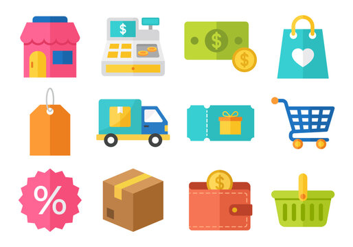 Colorful Ecommerce Shopping Icon Collection with Cart Store Wallet and Delivery Symbols