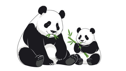 Obraz premium Illustration of a panda and a cub sitting and eating bamboo shoots against a white background with a cute and playful mood.