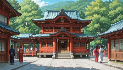 Obraz premium 神社の境内を参拝する人々のピクセルアート 背景素材