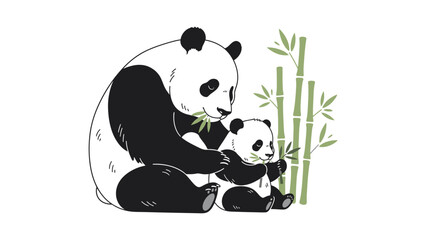 An illustration of an adult panda and a cub sitting together beside bamboo stalks on a white background. © Rizaldy