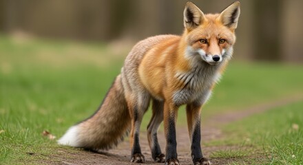 Obraz premium A red fox standing on a grassy path with a blurred background.