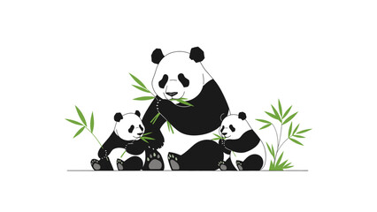 Illustration of a large panda and two smaller pandas eating bamboo shoots with green leaves on a white background. © Rizaldy