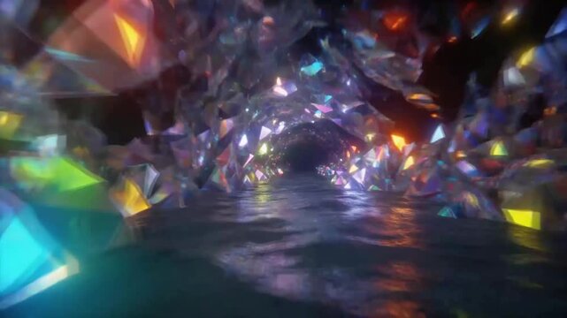 Animated abstract crystal cave scene with geometric shapes shimmering reflective surfaces and faceted textures creating luminous depth and visual dimension