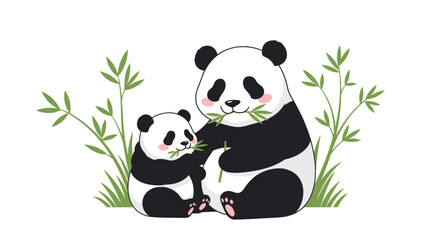 Digital illustration of an adult panda feeding a bamboo shoot to a smaller panda cub amidst green bamboo plants on a white background. © Rizaldy