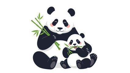 Illustration of a giant panda and its cub eating bamboo shoots against a clean white background. © Rizaldy