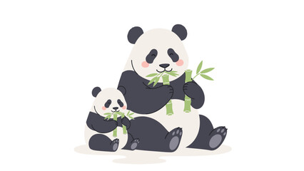 Obraz premium Illustration of an adult panda and a cub sitting and eating bamboo shoots on a plain white background with a cute and playful mood.