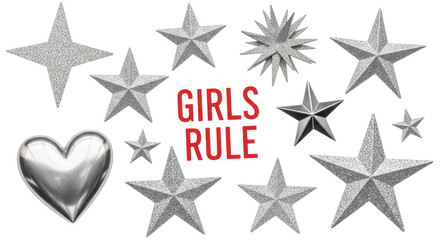 Obraz premium Assortment of glittering stars heart shape and text 'girls rule' on transparent background celebrating girl power
