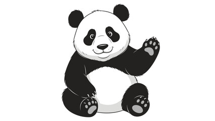 Obraz premium A black and white illustration of a panda bear sitting and waving with a friendly expression against a plain white background.