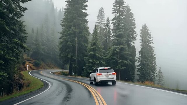 White SUV drives on wet winding road through misty foggy evergreen forest