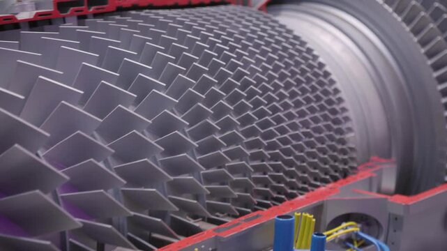 Close up turbine blades airplane engine model, tight macro view of compressor stage, hexagonal blade pattern, cool metallic finish, studio lighting, industrial