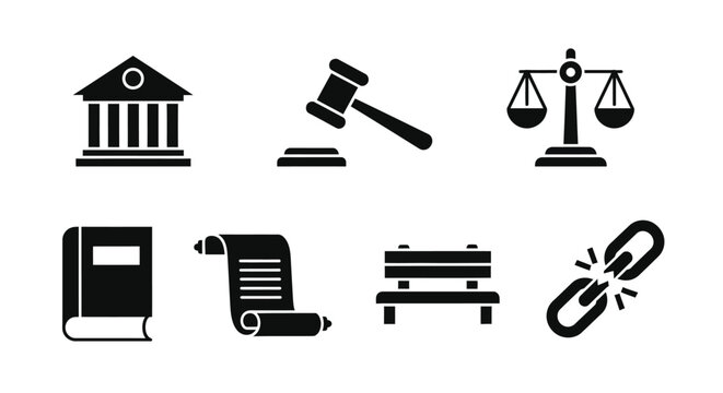 裁判所、法廷、法律、正義、法律文書、判決、鎖の壊れたイメージを表すアイコンセット.