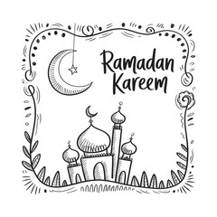 A black and white sketch displaying a crescent moon mosque and the text Ramadan Kareem