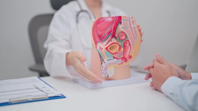 Doctor with Male Reproductive System anatomy model. Male consultation, Prostate Cancer, Enlarged prostate, Prostatitis disease, Male Infertility, Erectile dysfunction, Penis and Male genital disorder