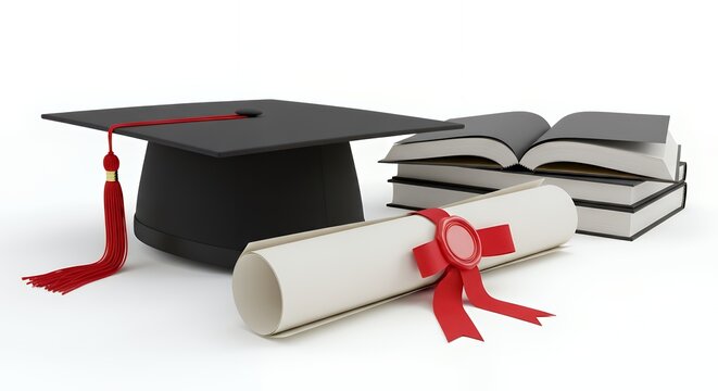 Diploma featuring a red ribbon graduation cap and book against a white backdrop
