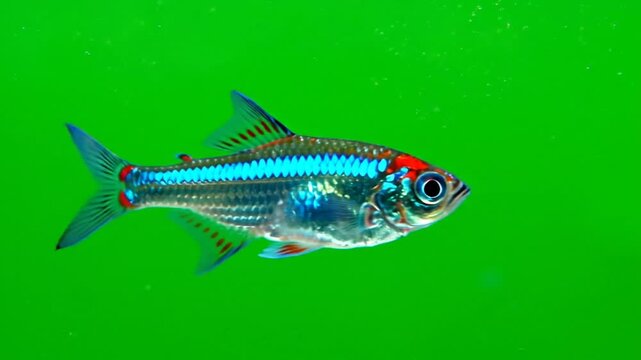 A vibrant blue and red neon tetra fish swimming gracefully in a bright green aquatic environment, showcasing its striking colors and delicate fins.