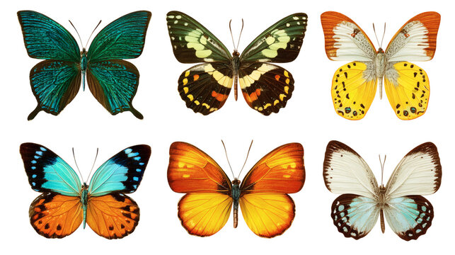 Butterfly collection set, different species, isolated on a white background