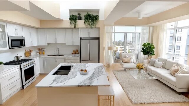 Modern kitchen/living room combo with white cabinets, island, and seating. Open to patio