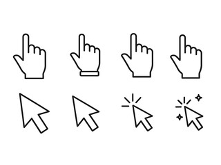Fototapeta premium Collection of computer cursor icons: pointer, hand cursor, and clicking cursors in line art