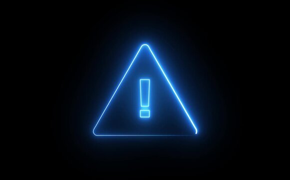 Animation of glowing neon Warning attention icon signal , alert , risk , safety, danger road warning sign animated .neon sign Warning alert icon isolated. Motion graphics of danger sign concept.