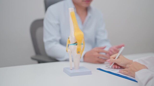 Doctor with Human Knee joint anatomy model. Osteoarthritis, Patellofemoral Pain Syndrome, Patellar Tendinitis, ACL, Anterior Cruciate Ligament, PCL, Posterior, MCL, Medial Collateral, LCL and Lateral