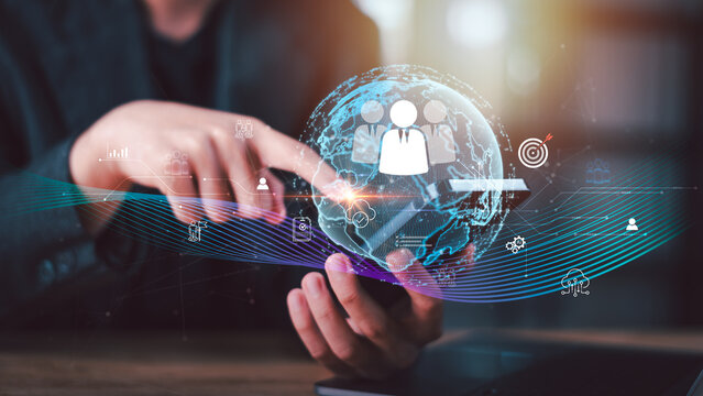 Human resources technology concept showing global workforce connection, digital talent management, HR analytics, people data integration supporting modern recruitment and strategic decision making.