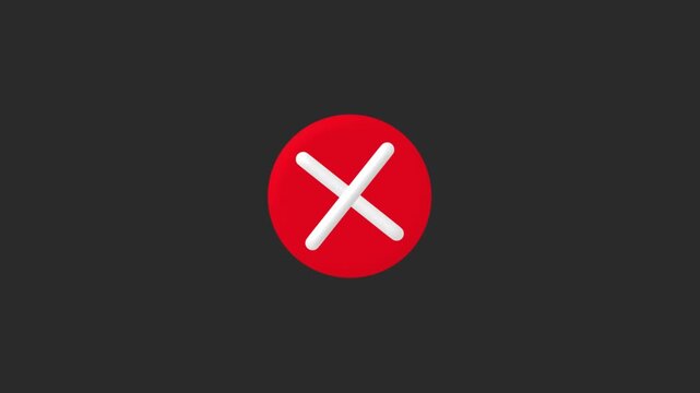A red circle with a white "X" or cross symbol in the center animation, error symbol, delete button, wrong sign, negative choice, isolated on black Background.