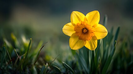 Obraz premium Vibrant Yellow Daffodil Blooming in a Lush Green Garden on a Sunny Spring Day.