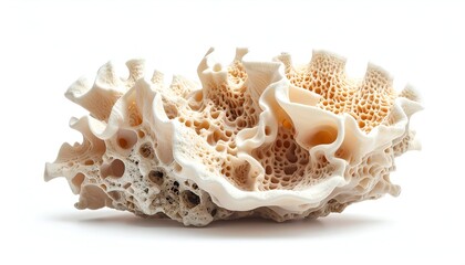 A detailed, isolated view of a porous, coral-like object with intricate texture