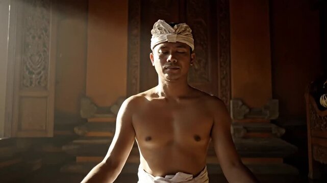 A young Balinese man in traditional attire meditating inside a temple with dramatic lighting.