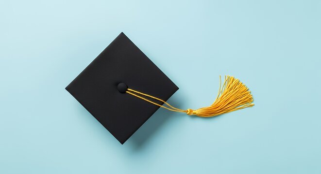 Topdown view of a graduation cap on a pastel blue background flat lay tassel elegantly curled
