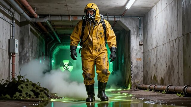 Hombre con traje de materiales peligrosos entrando en un túnel de hormigón contaminado