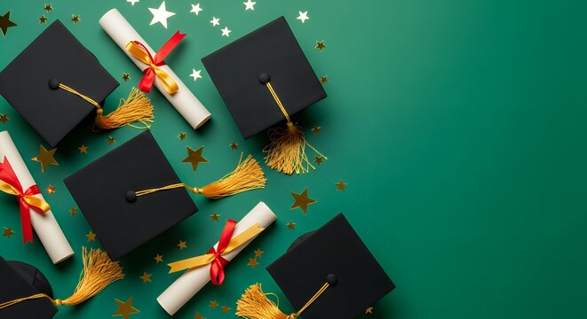 A festive flat lay of graduation caps and diplomas set against a rich green background sprinkled with gold stars symbolizing achievement and commencement festivities with copy space for text