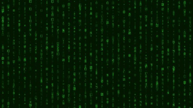 Green matrix code background with falling numbers and characters in a digital display screen