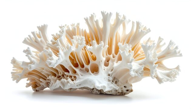A close-up of a delicate, white coral formation with intricate, porous structures