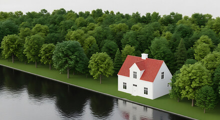 Obraz premium Serene illustration of a white house with a red roof beside a tranquil river surrounded by lush green trees