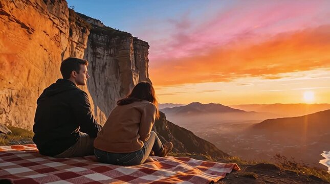 Pareja sentada en una manta de picnic frente a un acantilado al atardecer