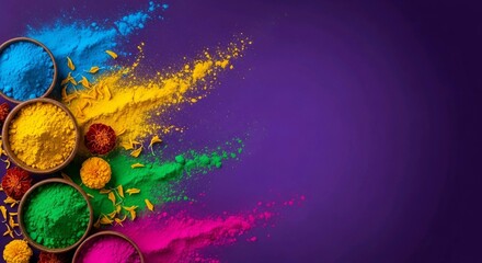 Vibrant Holi Powder Flow on Royal Purple Background