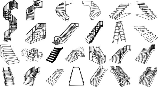 Collection of Hand-Drawn Various Types of Stairs, Steps, Escalators, and Ladders in Black and White Sketch Style, Architectural Elements Isolated on White Background.