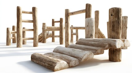 Obraz premium Wooden Logs and Ladders Arranged on a White Background.