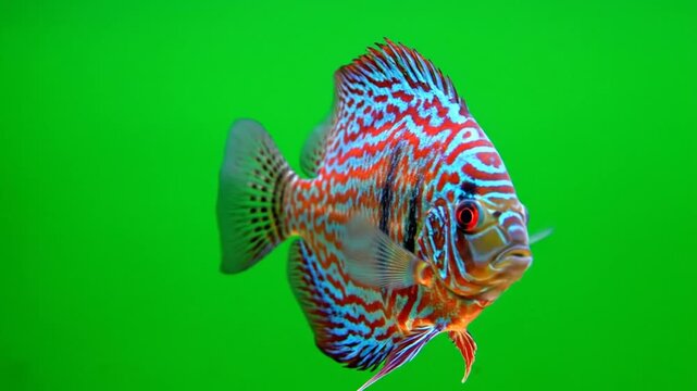 A vibrant discus fish with intricate blue and red patterns swimming against a bright green background.