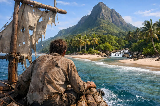 man in life raft approaches unknown tropical coast