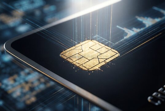 Macro view of golden microchip on black credit card with digital lines for secure electronic payment