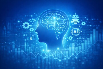 Artificial intelligence concept with human head and brain circuit board with robot and gears on blue background with graphs JPG image