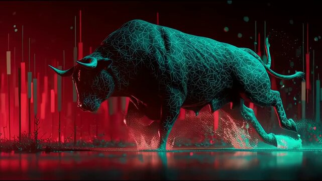 A powerful bull charges forward through splashing water in a cinematic 3d rendering with dramatic red and teal lighting against a futuristic city.