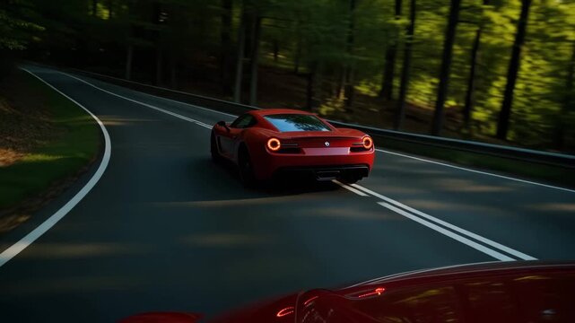 Red luxury sports car driving fast on winding forest road during golden sunset