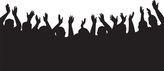 Silhouette of crowd with raised hands black and white