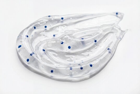 Transparent cosmetic gel with blue microcapsules spread on white background beauty product