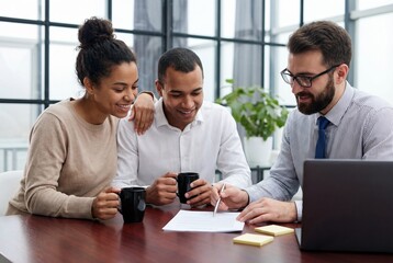Fototapeta premium Happy couple meeting with financial advisor in modern office to sign contract