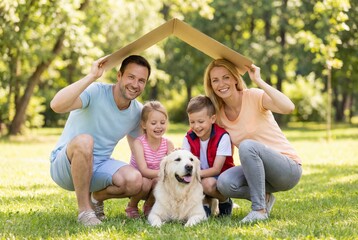 Fototapeta premium Happy parents holding cardboard roof over children and dog in green park for home protection concept