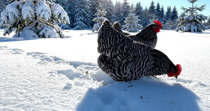chicken standing in snowy field.